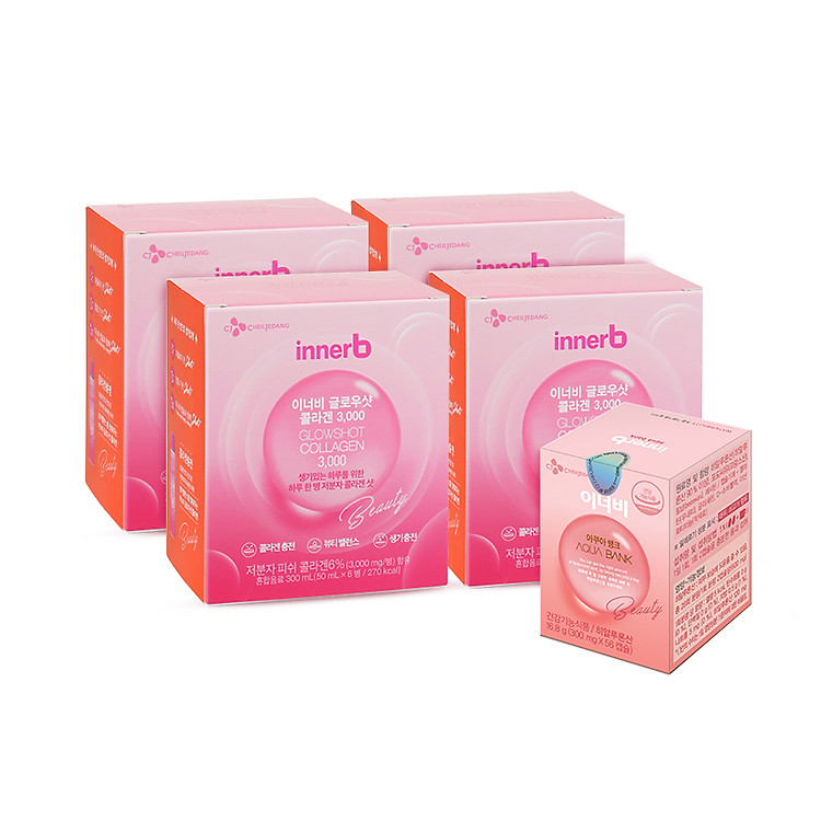Combo giữ ẩm, sáng da InnerB Aqua Bank lọ 56 viên & nước uống Collagen (4 hộp x 6 chai)