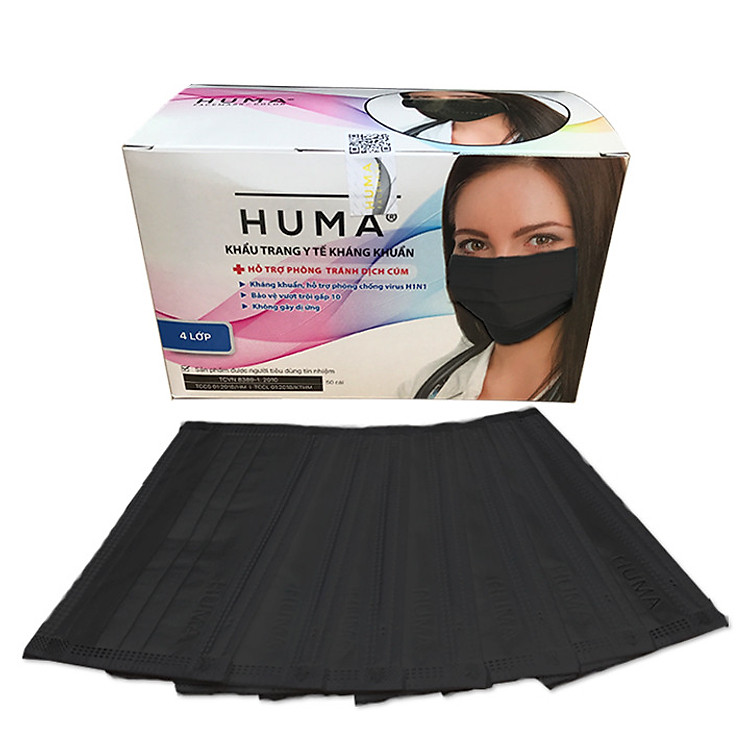 Khẩu Trang Y Tế Cao Cấp HUMA Ion Bạc Khử Độc - Hộp 50 Cái Màu Đen