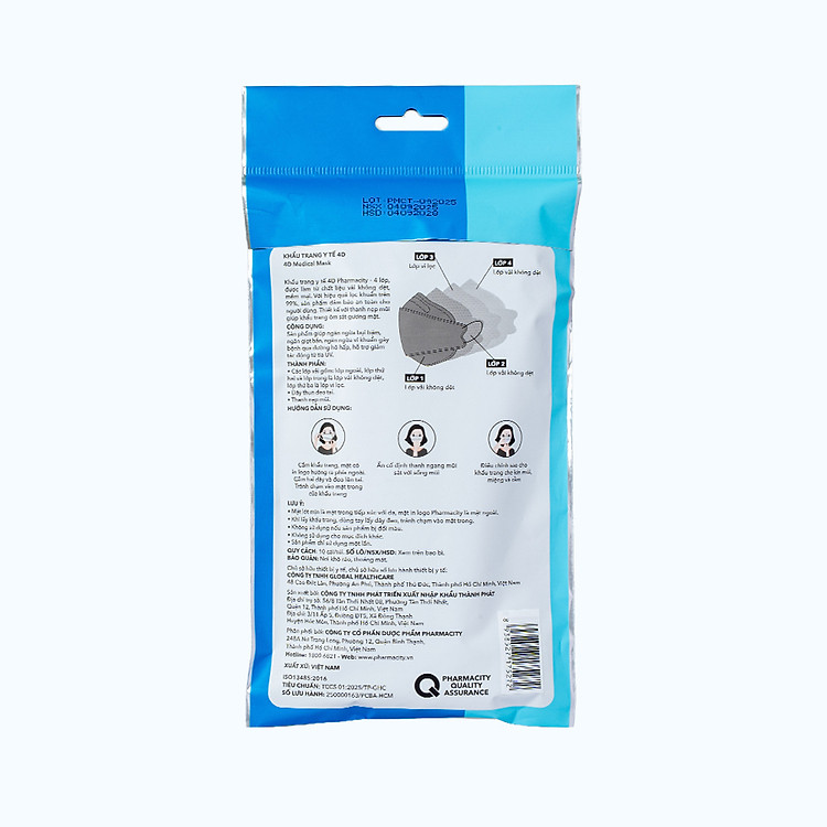 Khẩu trang y tế Pharmacity 4D Màu trắng (Gói 10 Cái)