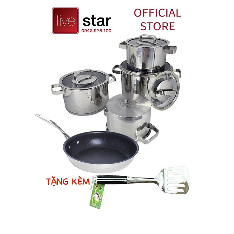 Bộ nồi và chảo chống dính vân đá inox 304 cao cấp Fivestar Plus 5 món nắp kính , tặng 1 vá canh