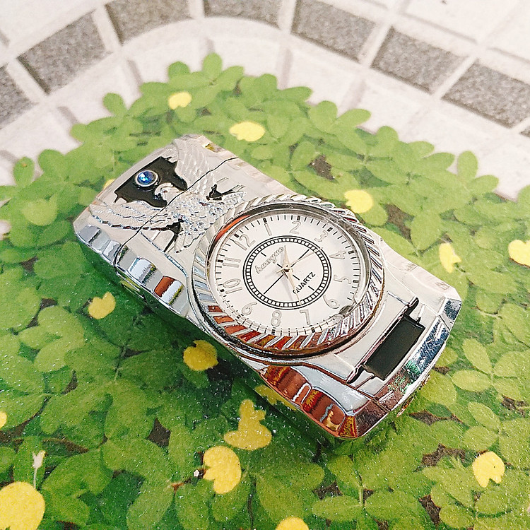 Bật Lửa Gas Khò Kiêm Đồng Hồ Đèn Led Khắc Đại Bàng Cực Đẹp (Màu bạc)