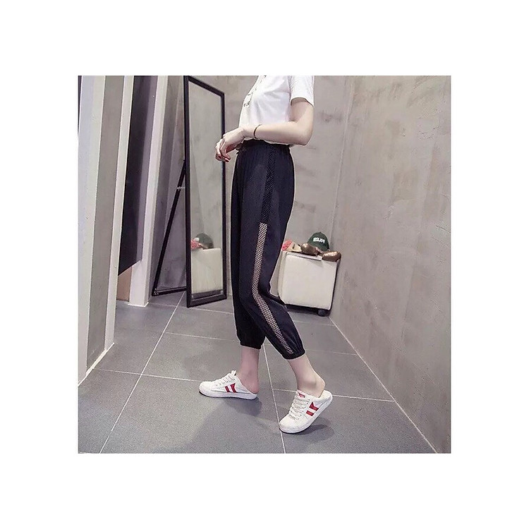 Quần baggy đũi bo gấu, sọc lưới 2 bên sườn