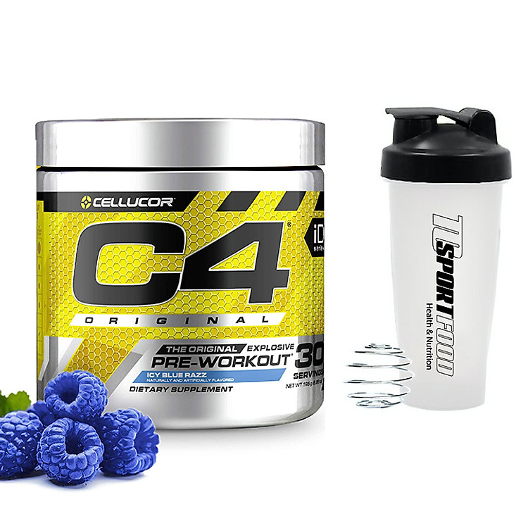 Combo Pre-Workout siêu mạnh C4 Original của Cellucor hương Icy Blue Razz hỗ trợ Tăng Sức Bền, Sức Mạnh đốt mỡ giảm cân 30 lần dùng & bình lắc 600 ml (Mẫu Ngẫu Nhiên)