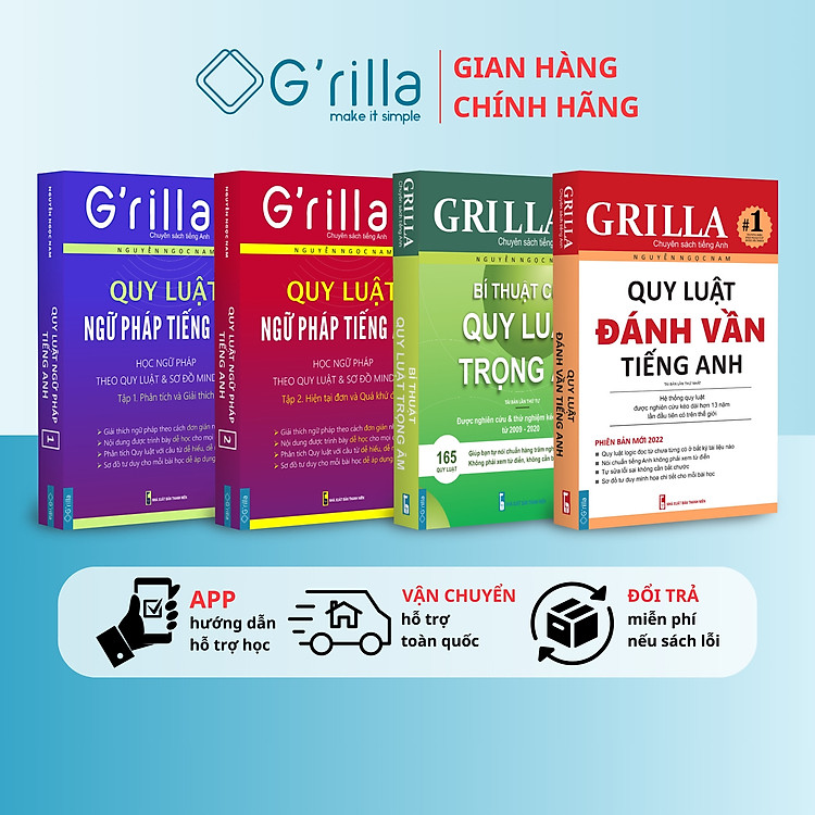 Combo 4 Quy luật đánh vần tiếng Anh, Bí thuật trọng âm và Ngữ pháp theo quy luật 1 & 2 GRILLA