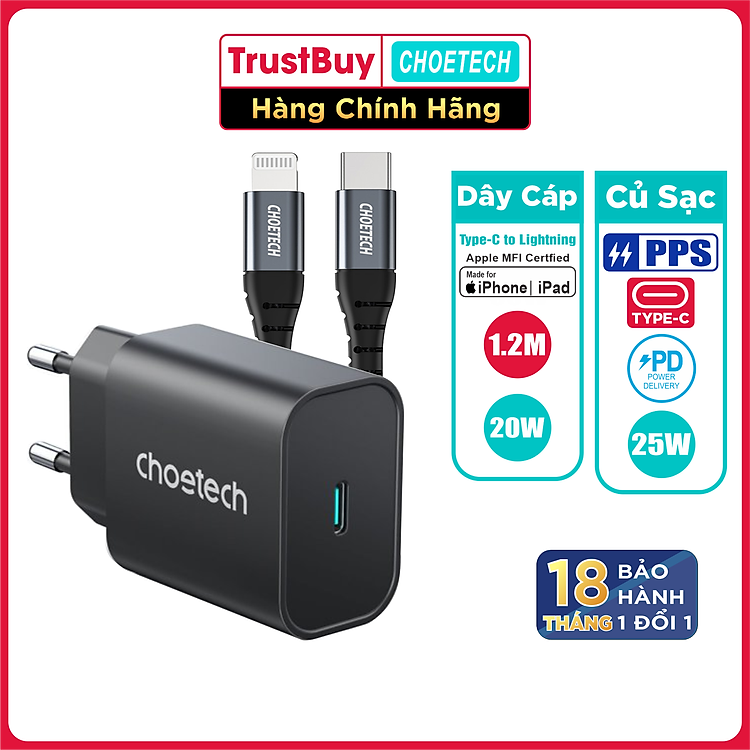 Combo Củ Sạc Nhanh 25W CHOETECH PD6003 Và Cáp Type C to Lightning MFI 20W Dây Nylon Dài 1.2m IP0039 Dành Cho iPhone iPad - Hàng Chính Hãng