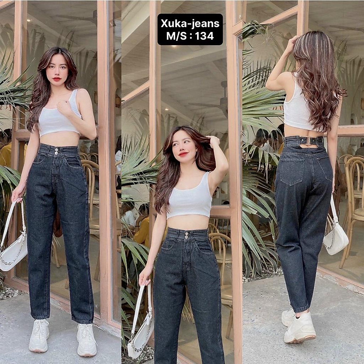 Quần baggy jean nữ xăn lại ống ôm lưng kiểu lạ