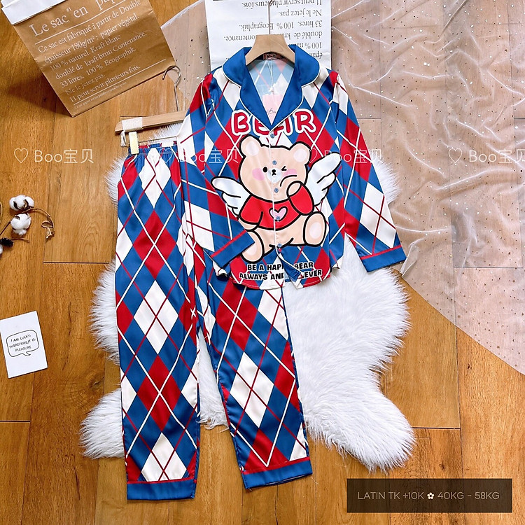 Đồ bộ pijama tay dài quần dài lụa latin cao cấp freesize 40-58kg_đồ bộ boo boo pijama
