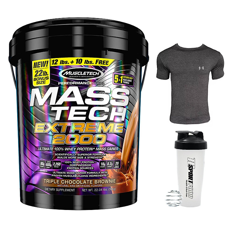 Combo Sữa tăng cân MASS TECH EXTREME 2000 của MuscleTech hương chocolate thùng 10kg hỗ trợ tăng cân tăng cơ nhanh cho người gầy kén ăn, khó hấp thu, khó tăng cân & Bình lắc 600 ml (Màu Ngẫu Nhiên) & Áo Gym size M