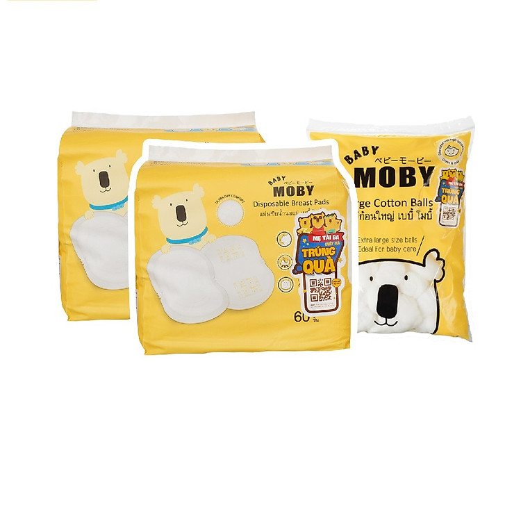2 Miếng thấm sữa Moby thoáng khí 60 miếng và 1 Bông đa năng 100gr