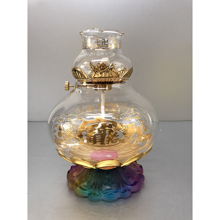 Đèn thờ đốt dầu đế lưu li ngũ sắc hoạ tiết chữ Lộc - BH40