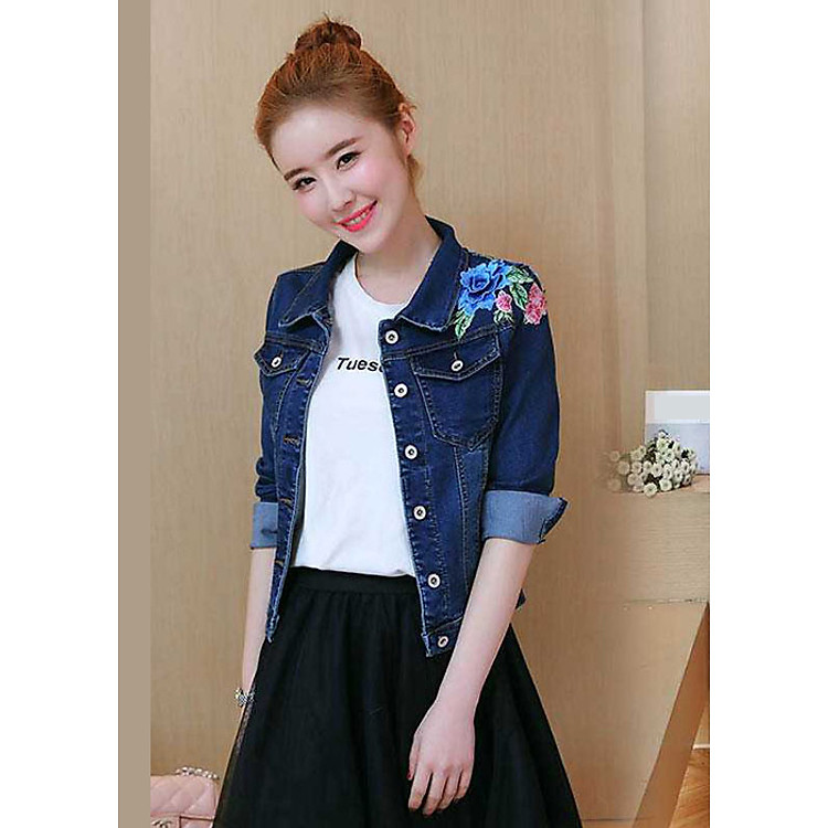Áo Khoác Jean Nữ Dài Tay Vai Thêu Hoa