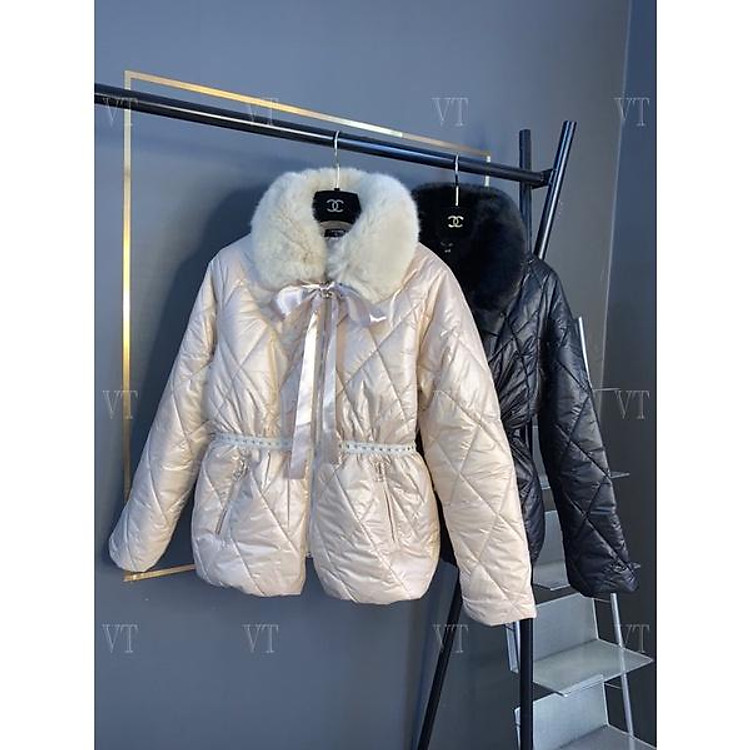 Áo phao lông vũ cổ lông kèm nơ cao cấp