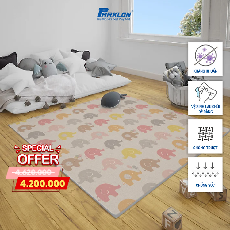 Thảm Em Bé Cao Cấp Parklon PE Họa Tiết Voi Con Ngộ Nghĩnh + Sọc Đa Sắc Chính Hãng Hàn Quốc (200x180x1.7)cm Chống Bụi Kháng Khuẩn Khử Mùi Chống Ồn Chống Trượt Chống Sốc Dày Hai Mặt (Double side PE Prime-Elephant+Fancy stripe)