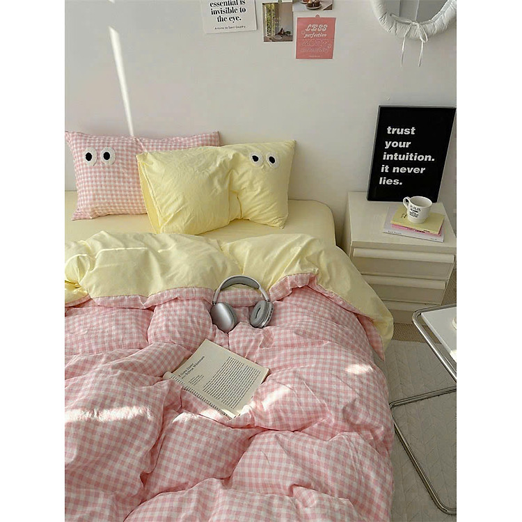 Bộ vỏ chăn ga gối cotton tici LIDACO họa tiết kẻ đôi mắt hiện đại bo chun đủ mọi cỡ nệm