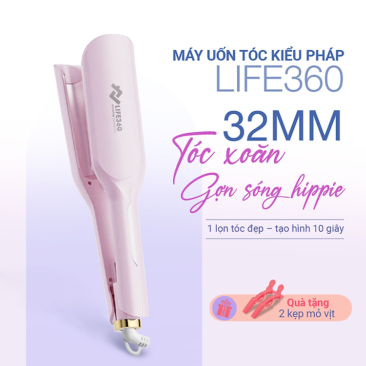 Máy Uốn Tóc Ion Âm Kiểu Pháp Life360 LF-MUP23, Uốn Xoăn Gợn Sóng 32mm, Uốn Tóc Hippie - Hàng Chính Hãng Bảo Hành 1 Năm