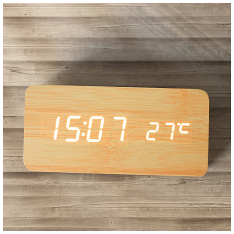 Đồng hồ gỗ LED để bàn cao cấp, có nhiệt độ, ngày tháng năm, cảm biến âm thanh