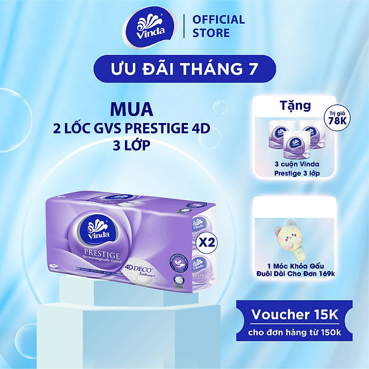 [MUA 2 LỐC GVS PRESTIGE 4D TẶNG 3 CUỘN] Giấy vệ sinh cao cấp Vinda Prestige 4D 3 lớp (8 Cuộn)