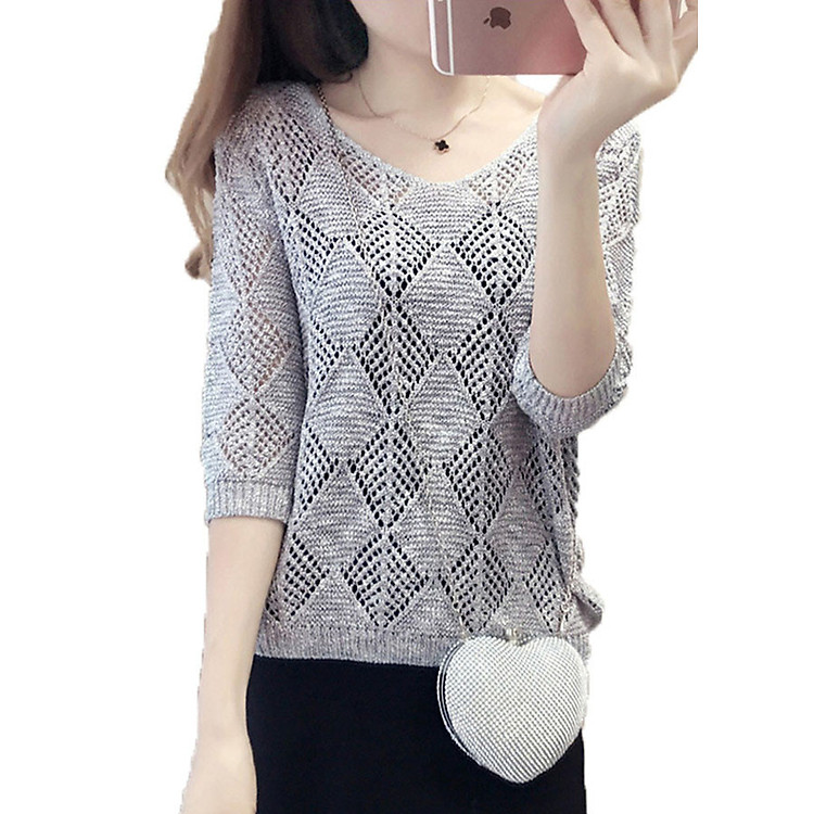 Áo len mỏng nữ dệt quả trám ALen01 (Xám) + Tặng kèm áo 2 dây đen