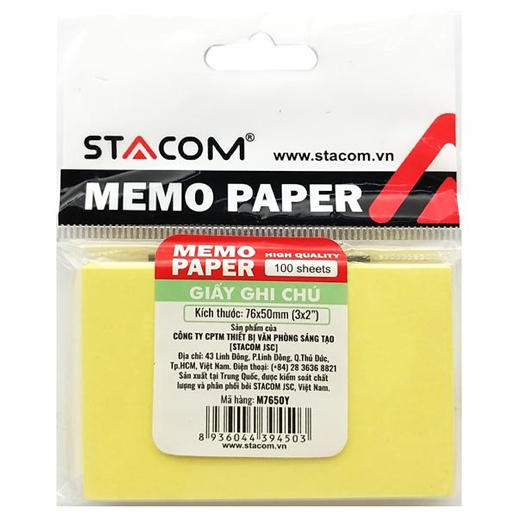 Giấy Note 76 x 50 mm Stacom M76050Y (100 tờ)