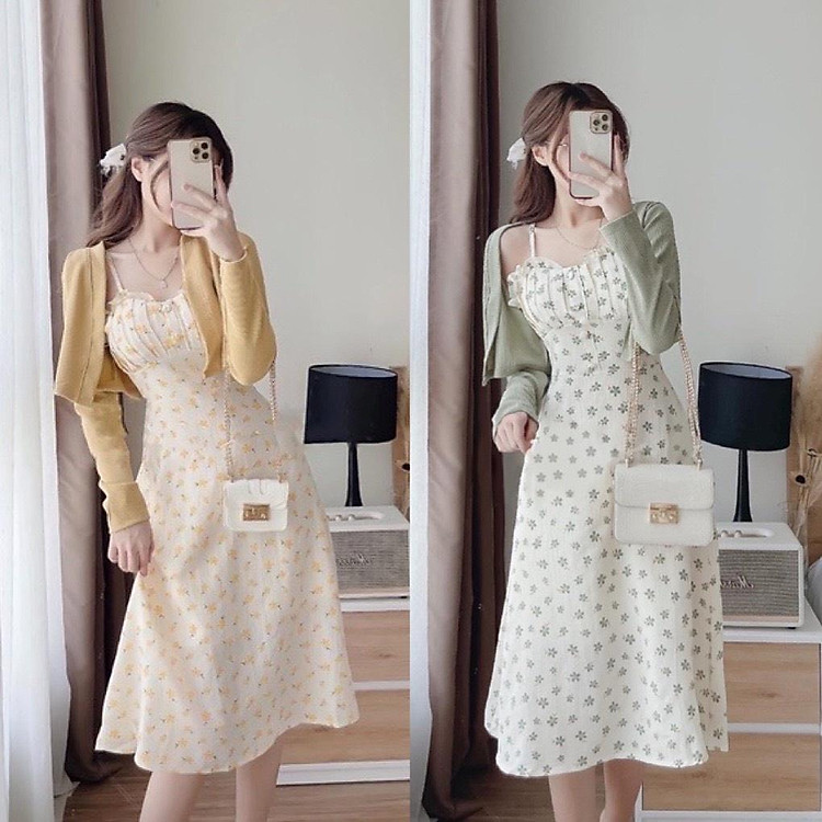 Sét Váy Hai Dây Hoa Nhí Kèm Áo Khoác Cardigan- Đầm maxi 2 dây dáng dài kèm áo coptop khoác ngoài phong cách hàn quốc