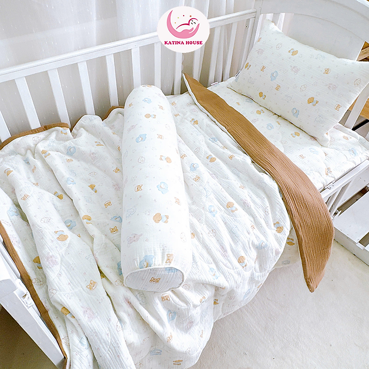Combo trọn bộ chăn gối nệm 5in1 cho bé Katina House, chất vải muslin mềm nhẹ, thoáng khí, thấm hút tốt