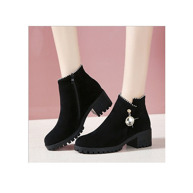 Giày boot nữ da lộn đế vuông cao 5cm phong cách Hàn Quốc B142