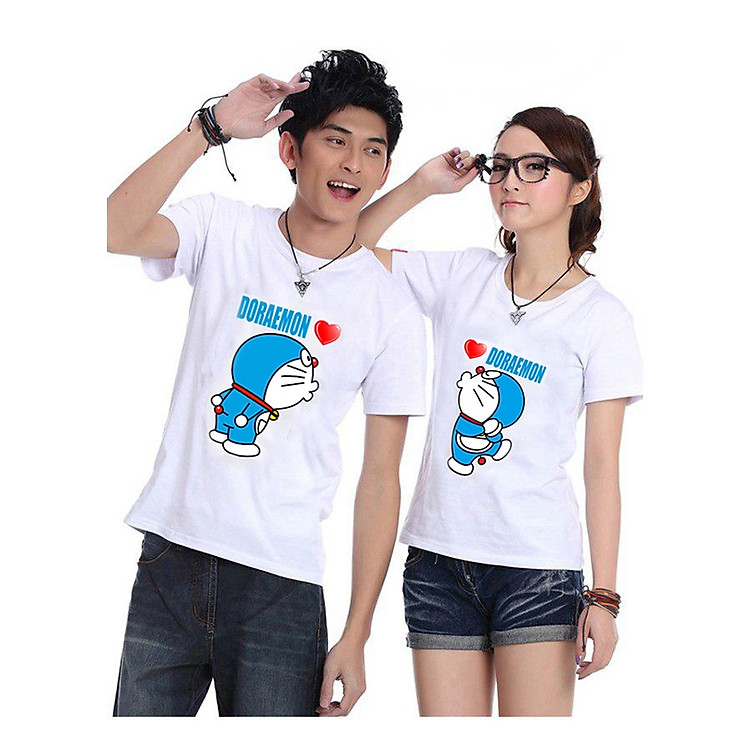 Bộ Áo Thun Đôi Doraemon Màu Trắng Nam Nữ