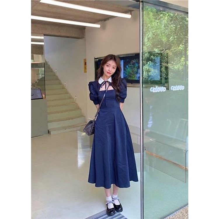 Đầm nữ dự tiệc cổ sen khoét phối cột nơ phong cách Hàn Quốc trẻ trung thời trang