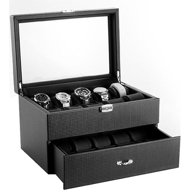 Hộp Đựng Đồng Hồ 20 Ngăn 2 Tầng Vỏ Da Carbon - Mã 544