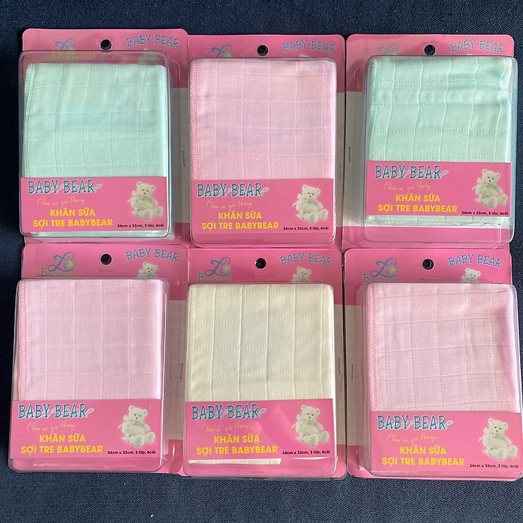 Khăn sữa Sợi Tre cao cấp BABY BEAR, 1 Hộp 6 cái kích thước 34 x 33 cm, chất vải mềm mại, không xù lông