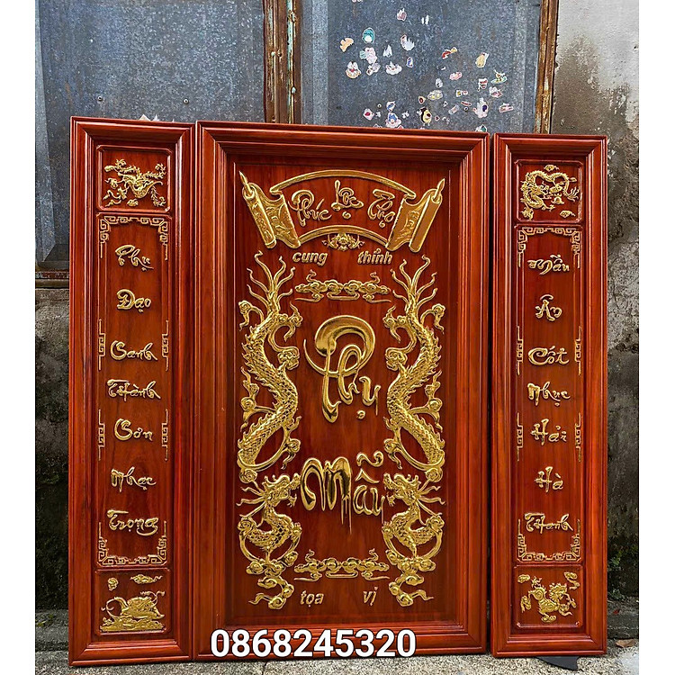 Tranh khắc chữ phụ mẫu và phúc lộc thọ bằng gỗ hương đỏ sơn pu dát vàng cao cấp kt 108×108×4cm