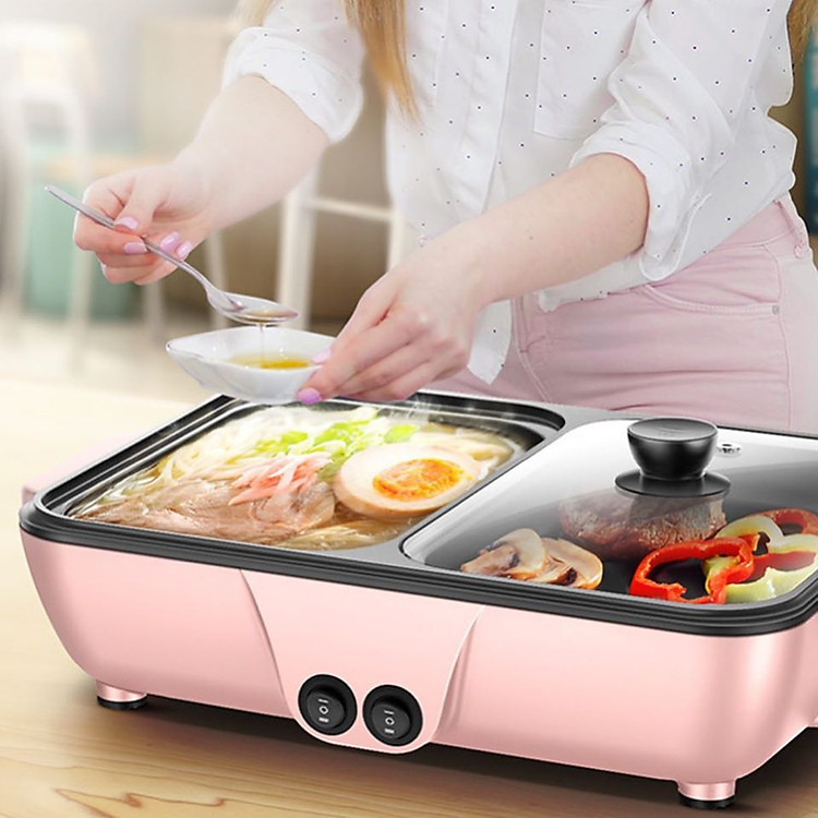 Bếp điện lẩu nướng 2 ngăn mini - Giao màu ngẫu nhiên
