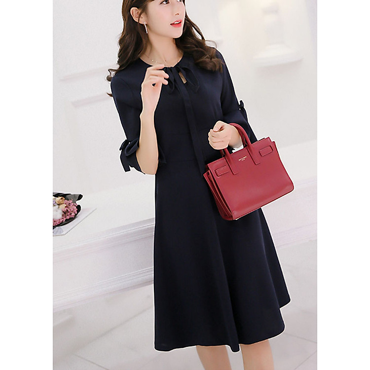 Đầm xòe công sở cổ kết nơ DCS08 (Xanh than)