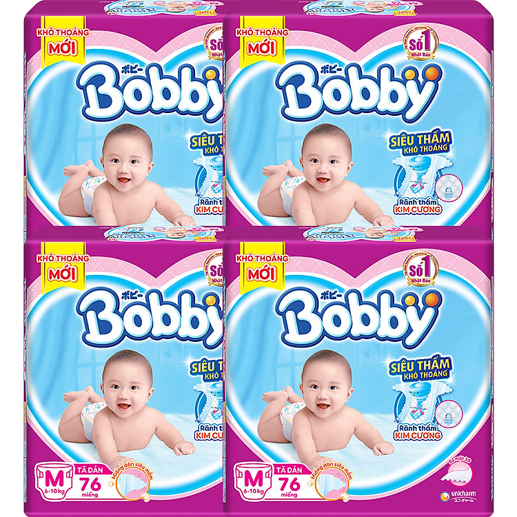Combo 4 Gói Tã Dán Bobby Siêu Mỏng Thấm Gói Siêu Lớn M76 (76 Miếng)