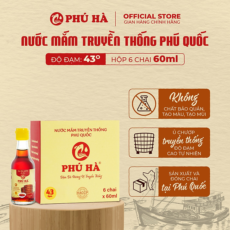 Nước mắm truyền thống Phú Quốc Phú Hà 43 độ đạm - Hộp 6 chai 60ml
