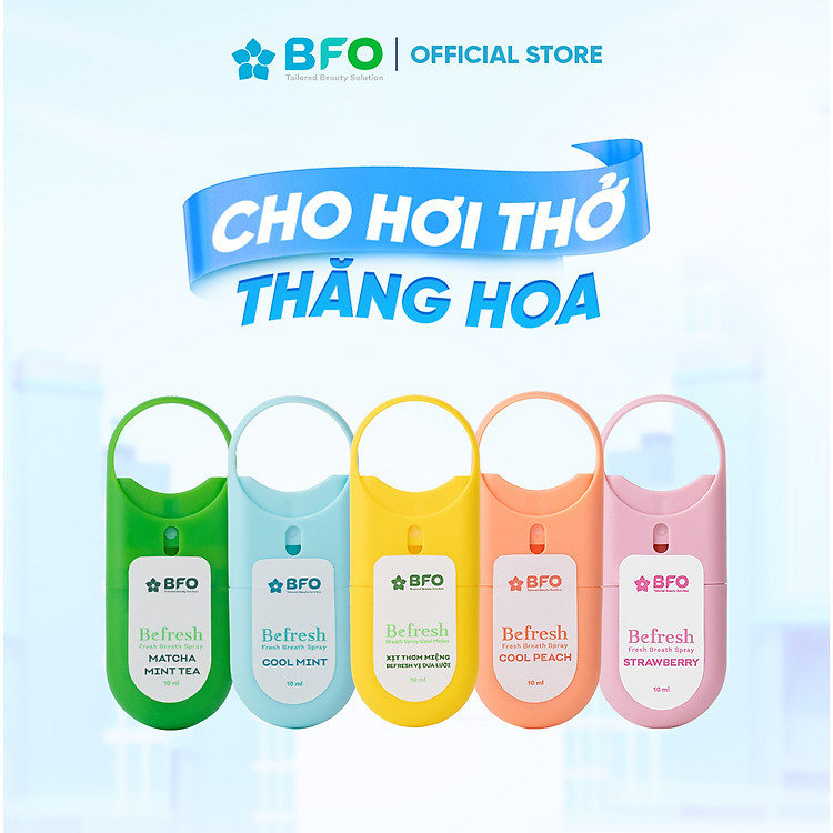 Combo 5 Xịt Thơm Miệng BFO Cho Hơi Thở Thơm Mát 10ml An Toàn (Trà xanh, Bạc Hà, Đào, Dâu, Dưa Lưới)