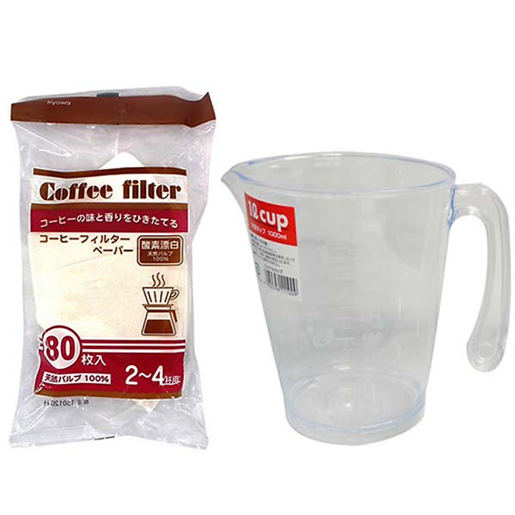 Combo Set 80 túi giấy lọc trà, cà phê và Ca đong chia vạch 1000ml nội địa Nhật Bản