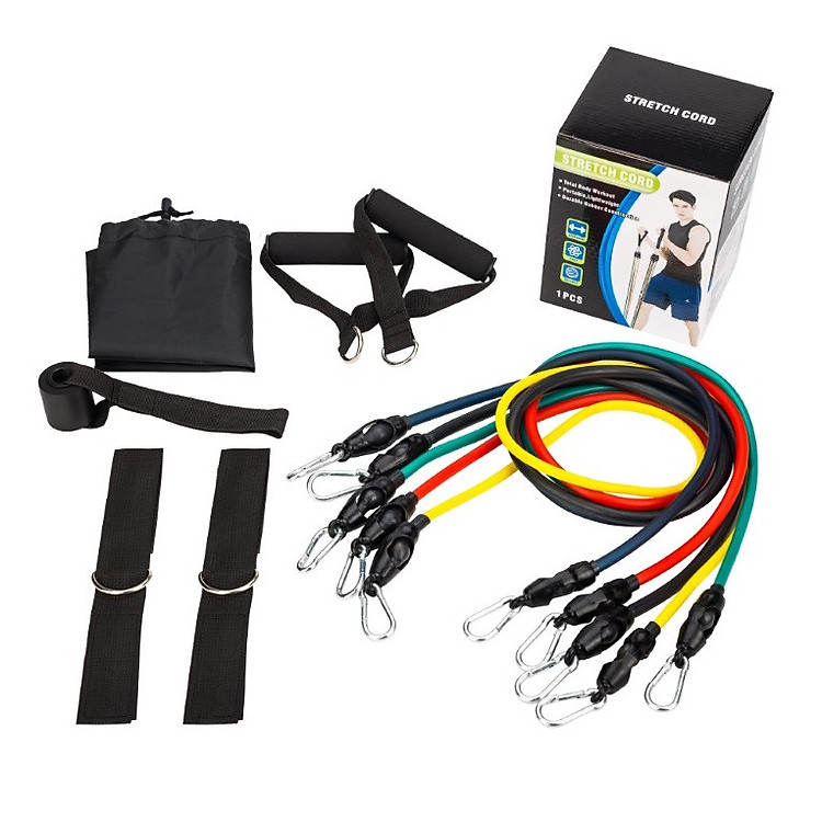 Dây đàn hồi tập Gym Yoga 11 in 1, bộ dây tập thể lực 5 màu 11 chi tiết LJ08 cao cấp - POKI