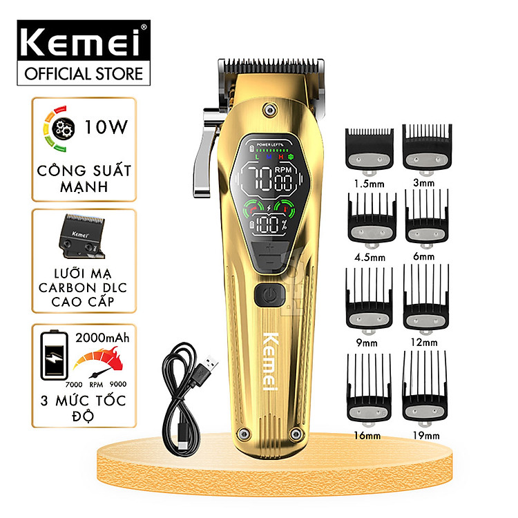 Tông đơ cắt tóc chuyên nghiệp Kemei KM-1698 lưỡi cắt mạ carbon DLC cao cấp công suất siêu mạnh 10W - Chính hãng