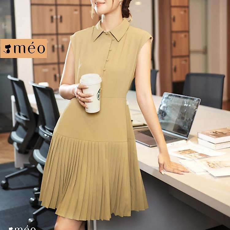 Váy liền nữ Méo shop phong cách công sở đầm không tay dáng xoè Hindi