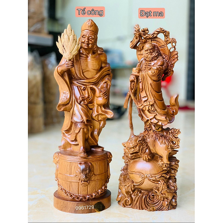 Cặp Tượng Tế Công và Đạt Ma Sư Tổ Gỗ Bách Xanh (40×12×11cm)