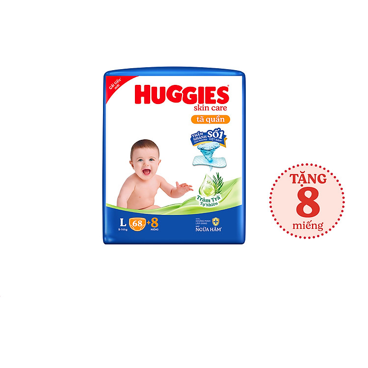 Tã/bỉm quần Huggies Skin Care Super Jumbo L68+8 miếng với tràm trà dịu da