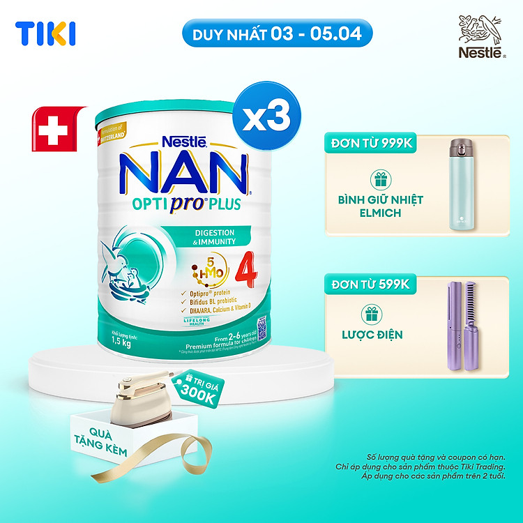 Bộ 3 lon Sữa bột NAN OPTIPRO PLUS 4 Nestle Bé 2-6 tuổi 1500g/lon Giúp tiêu hóa tốt