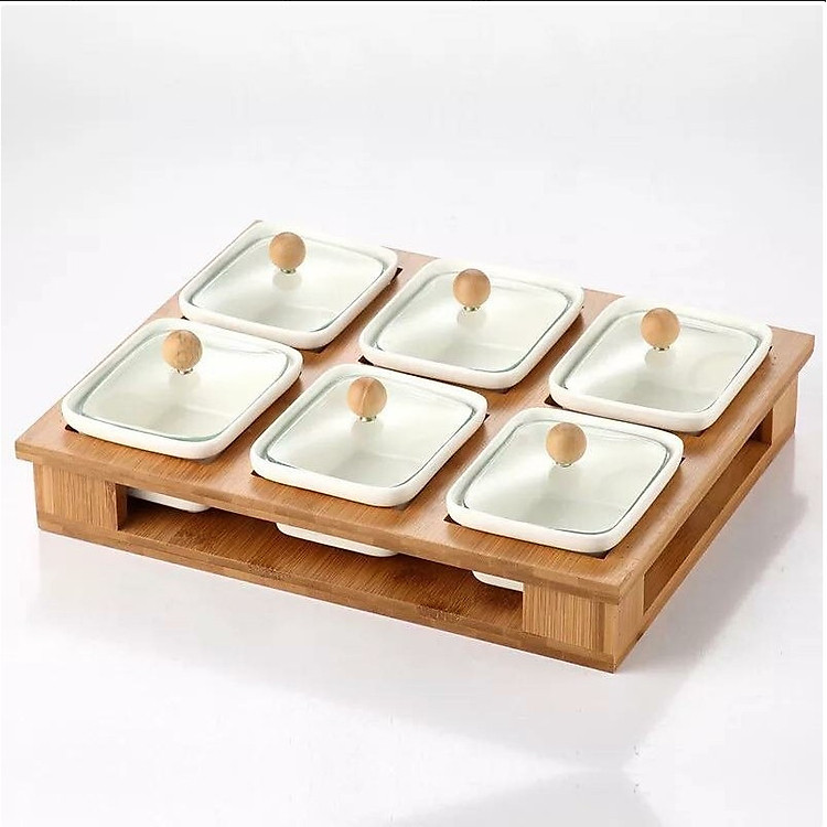 Khay mứt bằng sứ đựng mứt hình chữ nhật nắp thủy tinh trong suốt