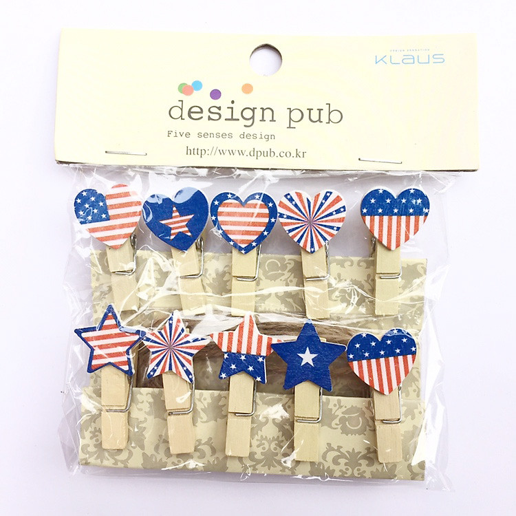 Bộ 10 kẹp ảnh gỗ hình cờ Mỹ (kèm dây)