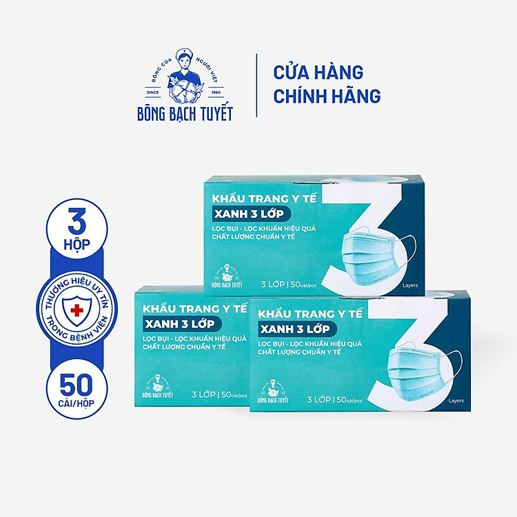Combo 3 Hộp Khẩu trang Bông Bạch Tuyết 3 lớp xanh (50 cái/hộp)