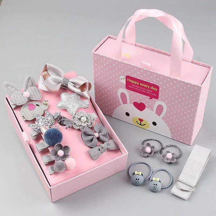 Hộp 18 món phụ kiện tóc dễ thương cho bé ( Xám )