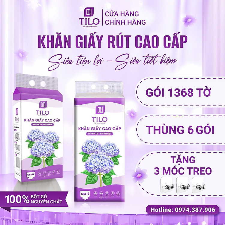 Combo 6 bịch giấy rút treo tường TiLo 1368 tờ tặng 3 móc treo đôi giấy dai mềm mịn
