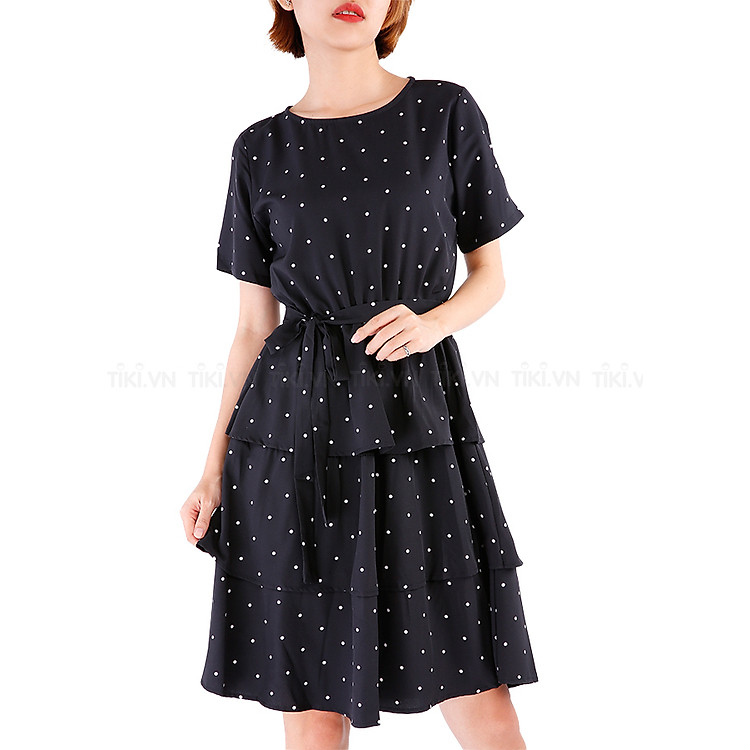 Đầm Chấm Bi 3 Tầng Thắt Nơ Eo Vanass
