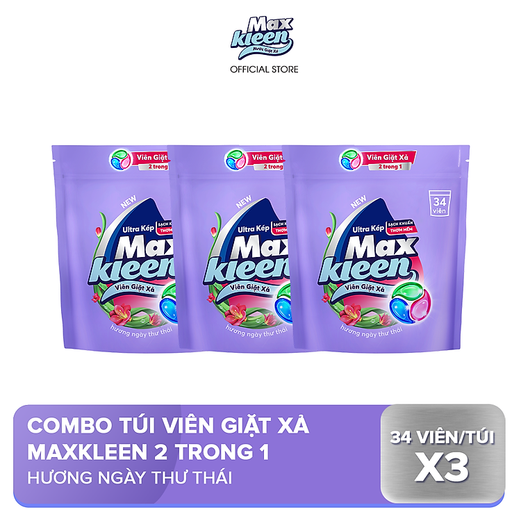 Combo 3 viên giặt xả MaxKleen hương ngày thư thái (34 viên/túi)